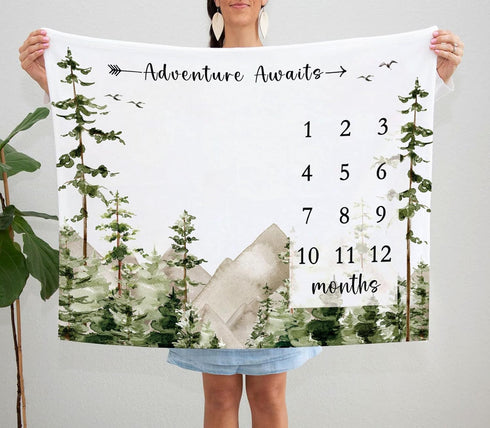 Adventure Awaits Baby Milestone Blanket with Birth Stat Sign, Mountain Baby Growth Chart Monthly Blanket, Watch Me Grow Adventure Baby Nursery for...
