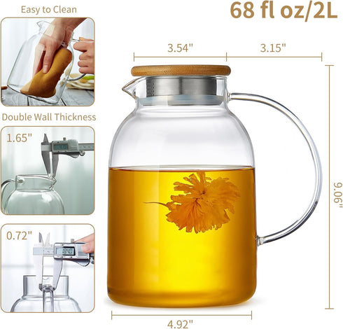 Large Glass Teapot with Infuser, Stovetop Safe, Thickened Heat Resistant Borosilicate Glass, 68 fl oz Glass Tea Kettle with Bamboo Lid...