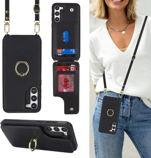 for Samsung Galaxy S22 Case with Card Holder and Strap for Women,Crossbody Lanyard,Ring Stand,Snap Clasp,Phone Wallet Cases 6.1 inch(Black)......