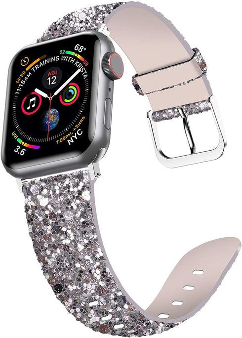 iiteeology Compatible with Apple Watch Band 46mm 45mm 44mm 42mm, Glitter Shiny Bling Leather Band for iWatch Series 10/9/8/7/6/5/4/3/2/1/SE - Silv...