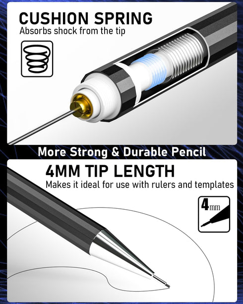 Nicpro 6 PCS Art Mechanical Pencil Set, Black Metal Drafting Pencil 0.3, 0.5, 0.7, 0.9 mm & 2PCS 2mm Graphite Lead Holder(4B 2B HB 2H) For Writing...