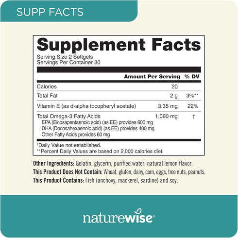 NatureWise Extra-Strength Omega 3 Fish Oil Supplement - 1000mg per Serving - 600 EPA & 400 DHA and Vitamin E - Support for Heart & Brain Health - ...