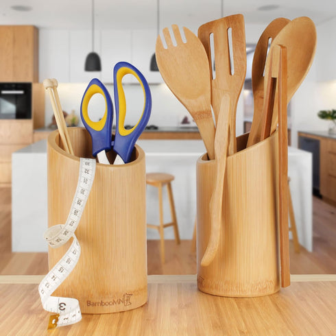 BambooMN Bamboo Kitchen Utensil Holder for Countertop, Utensil Crock for Cooking Utensils - 7" x 4" - Carbonized Brown - 1 Piece...
