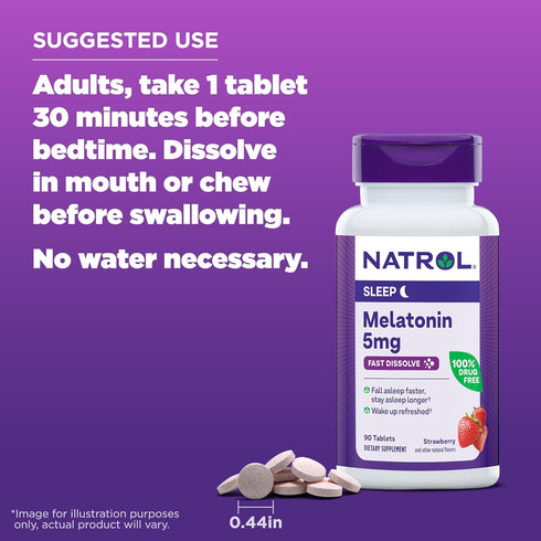 Natrol Sleep Melatonin 5mg Fast Dissolve Tablets, Nighttime Sleep Aid for Adults, 90 Strawberry-Flavored Melatonin Tablets, 90 Day Supply...