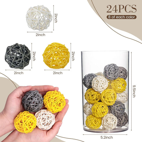 DomeStar 24PCS Yellow Decorative Balls for Bowl Centerpiece, 2 Inch Rattan Bowl Fillers - Wicker Twig Orbs Spheres for Yellow Kitchen Decor, Weddi...
