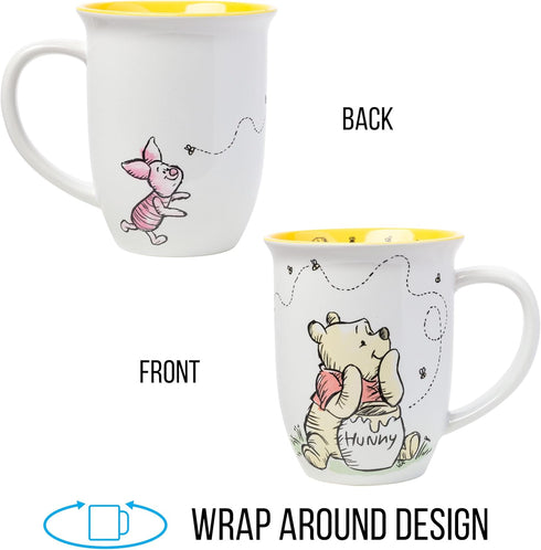 Silver Buffalo Disney Winnie the Pooh But First Hunny Wide Rim Bees Flying Ceramic Mug, 16 Ounces...