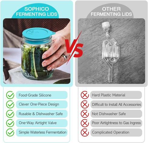 Sophico Silicone Fermenting Lids, Waterless Airlock Fermentation Tops Mason Jar Lid Fermenter Caps for Pickles, Kimchi, and Fermented Probiotic Fo...