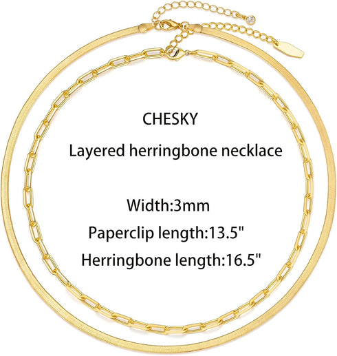 CHESKY Necklace for Women, 14k Gold Plated Layered Herringbone Paperclip Chain and Double Snake Chain Necklace Dainty Choker Necklaces...
