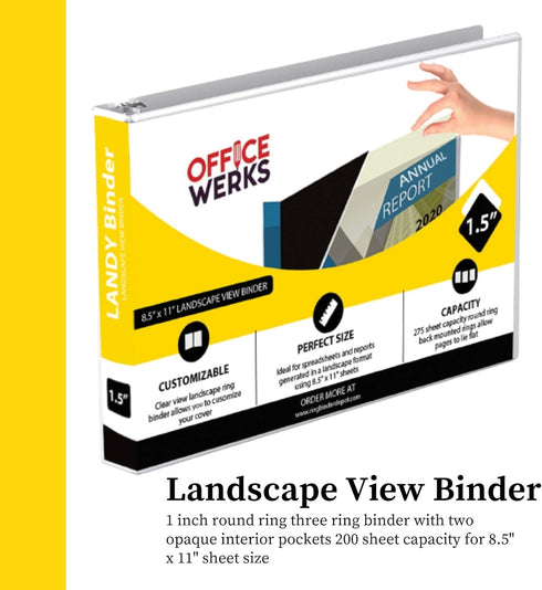 8.5" X 11" Landscape View Binder, 3-Ring Binder 1.5 Inch Capacity Round Ring, White Horizontal Formatted Binder with Clear Cover Pockets for Docum...