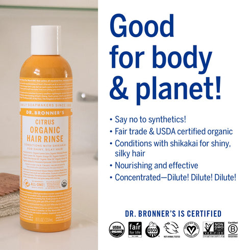 Dr. Bronner's - Organic Hair Rinse (Citrus, 8 Ounce) - Nourishing & Effective, Gentle Conditioning Cleanser for Skin & Hair, No Synthetic Ingredie...