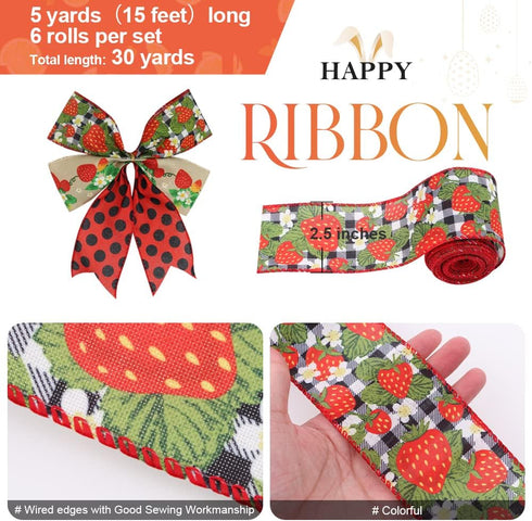 2.5" Watermelon and Strawberry Ribbon,Summer Craft Wire Edged Ribbon,Checks,Polka Dots,Watermelon Slices,Strawberries and Flowers Faux Linen Ribbo...