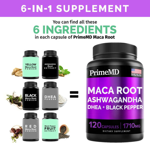 6-in-1 Organic Maca Root & Ashwagandha Capsules 1710mg w/DHEA & Black Pepper Fruit Extract - Maca Root Capsules for Women & Men - Stamina, Bone an...
