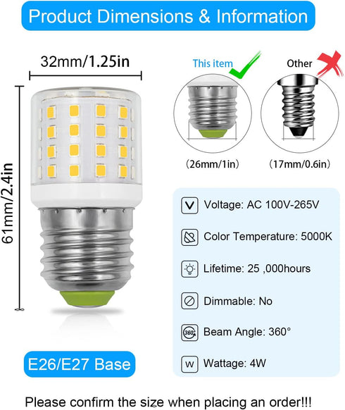 KEI D34L Refrigerator Bulb AC100-265V 3.5W Fridge Light Bulb Replacement, 4W LED Bulb E26 Medium Base Bright Lamp for 40W-60W Freezer Appliance Li...