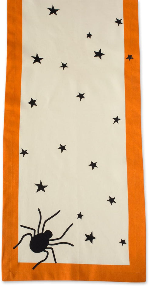 DII Halloween Tabletop Collection Bold Black Stars/Spooky Spider with Orange Border on Off-White Natural Background, Machine Washable, 14x72 Table...