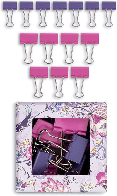 Vera Bradley Assorted Binder Paper Clip Set of 24, Includes Small and Large Paperwork Clamps with Desktop Organizer, Hummingbird Ditsy...