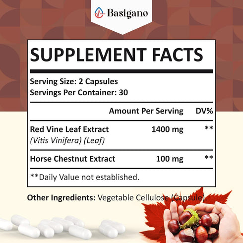 Red Vine Leaf & Horse Chestnut Extract Capsule Supplements (Vitis Vinifera) 1500mg -Premium Extract for Healthy Veins, Circulation, Heart, Skin...