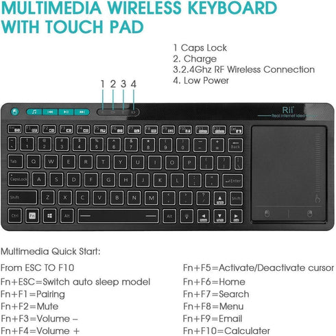 Rii K18 Plus Wireless 3-LED Color Backlit Multimedia Keyboard with Multi-Touch Big Size Trackpad,Rechargable Keyboard for Android TV Box,PC,Smart ...