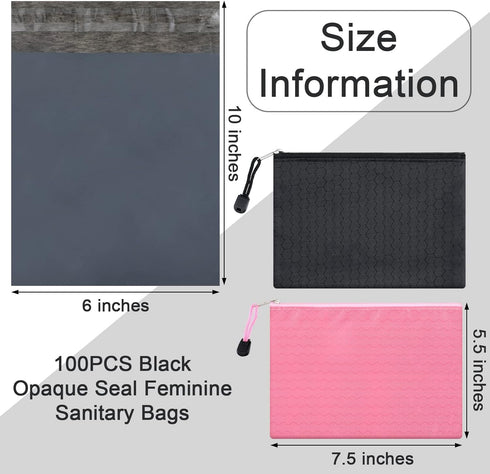 100 Pcs Feminine Personal Disposal Bags and 2 Sanitary Pouch with Zipper Sanitary Napkin Storage Bags Feminine Hygiene Bags Black Opaque Bags for ...