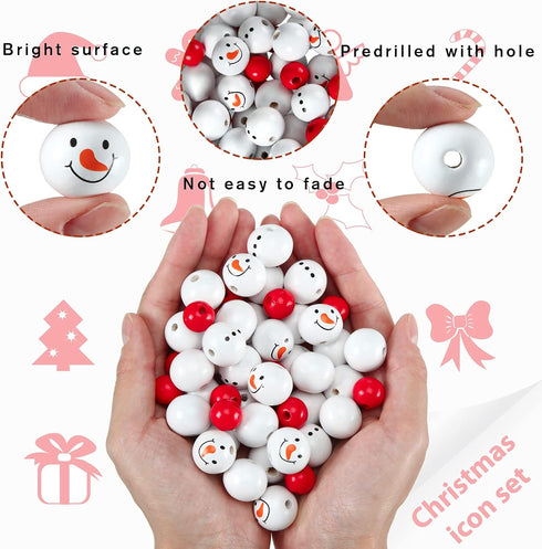 Christmas Snowman Wooden Beads Rustic Farmhouse Beads Polished 160 Pieces Christmas Wooden Beads Wooden Craft Beads with 32.8 Feet Rope Craft Supp...