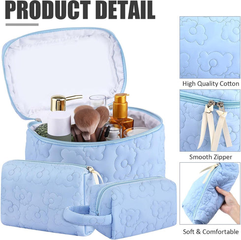 3 Pieces Cotton Quilted Makeup Bag Set Coquette Cosmetic Bag Aesthetic Travel Toiletry Bags Cute Pouch Kawaii Aesthetic for Women (Blue Flower)...