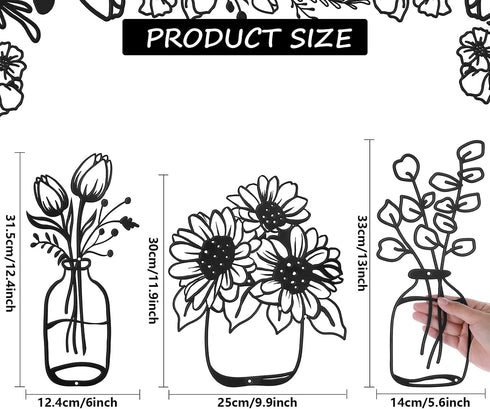 3 Pieces Metal Flower Wall Decor Minimalist Vase Wall Art Black Tulip Wire Iron Decor Floral Wall Sculpture for Kitchen Bathroom Living Room (Deli...