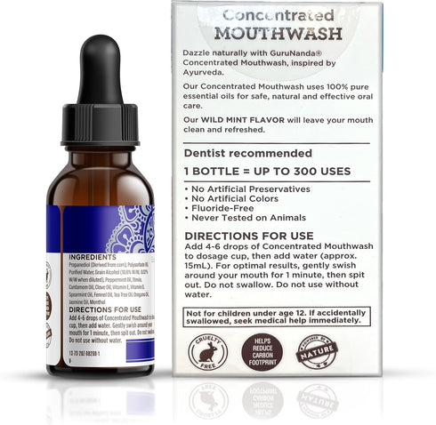 GuruNanda Concentrated Mouthwash (2 fl oz), Fluoride-Free, Mint Mouthwash with Natural Essential Oils, Supports 300 Rinses, Aids in Fresh Breath...