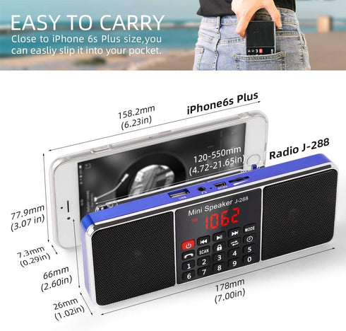 PRUNUS J-288 Portable Radio AM FM Radio with Bluetooth Speaker, Sleep Timer, Power-Saving Display, Ultra-Long Antenna, AUX Input & USB Disk & TF C...