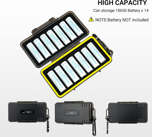 14 Slots 18650 Battery Case with Carabiner, Water-Resistant and Shockproof Battery Storage for 14 x 18650 Battery, 18650 Battery Organizer Box...
