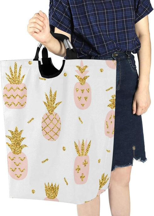senya Pink Pineapple with Gold Glitter Large Storage Basket with Handles Collapsible Organizer Bin Laundry Hamper for Nursery Clothes Toys...