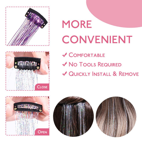 WENNALIFE Hair Tinsel Clip In Hair Tinsel for Girls Purple, 6pcs 24 inch Hair Tinsel Clips Tinsel Hair Extensions Clip in Colorful Glitter Tinsel ...