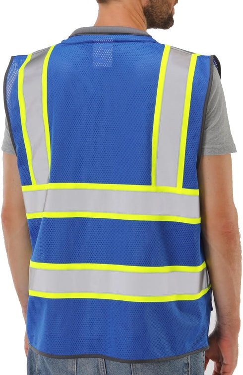 Reflective Safety Vest Blue Mesh, High Visibility Vest with Pockets and Zipper, Padded Neck, Blue with Yellow Trim L...