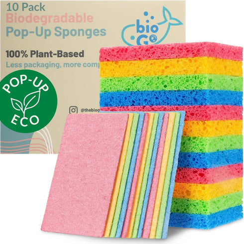 bioGo 10 Pack Compostable Pop-Up Sponges - Expanding, Non-Scratch, Plant-Based Dish Sponges...