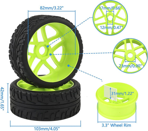 1:8 Off-Road RC Buggy 17mm Hub Wheel Rims and Tires H Tread Pattern Fluorescent Green Pack of 4...