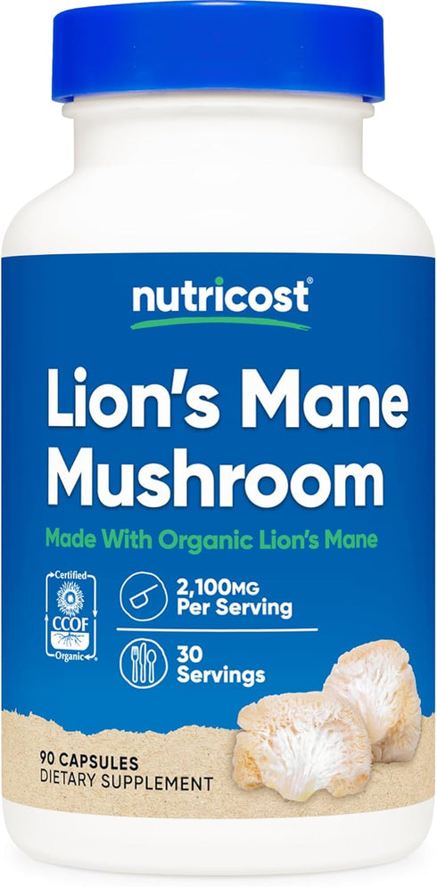 Nutricost Lion's Mane Mushroom Capsules 1650mg, 30 Servings - CCOF Certified Made with Organic, Vegetarian, Gluten Free, 550mg Per Capsule, 90 Cap...