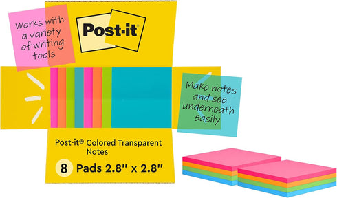 Post-it Colored Transparent Sticky Notes, 3x3 in, 8 Pads/Pack, 36 Sheets/Pad, Sticks Securely and Removes Cleanly...