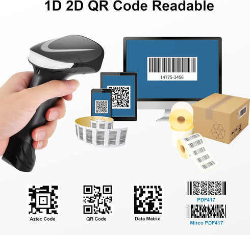 Bluetooth QR Barcode Scanner, PDF417 Rechargeable Code Scanner Wireless, Data Matrix 2D Barcode Rearder Cordless Connect Smart Phone, Tablet, PC, ...