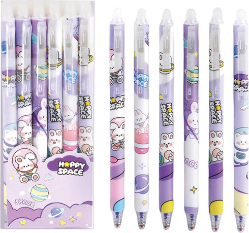 6 Pcs Erasable Retractable Pens Erasable Gel Ink Pens Cartoon Rabbit Erasable Soft Grip Pens 0.5mm Blue Ink Writing Pen School Pens Office Supplie...