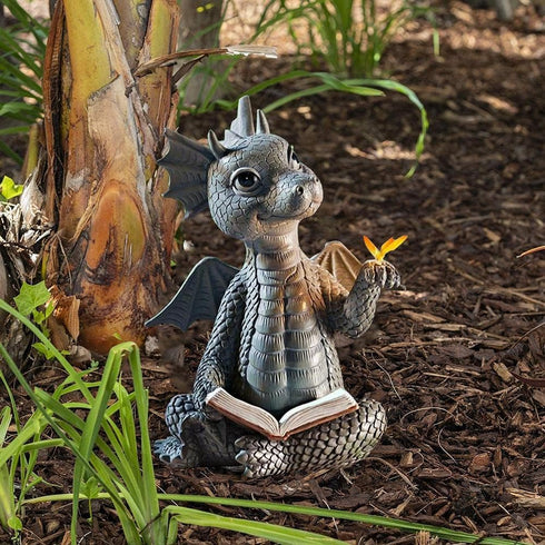 Baby Dragon Reading Book Statue, 5.9-Inch Tall Cute Dinosaur Holding Butterfly Figurines Art Resin Sculpture Outdoor Garden Decor Home Desk Orname...