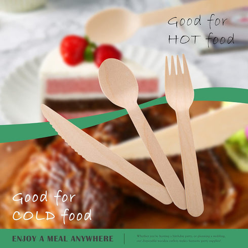Disposable Wooden Forks -Pack of 100, 6.5" Length-Biodegradable, Natural Wooden Utensils, Great for Parties,Camping,Weddings&Dinner Events (Spoons...