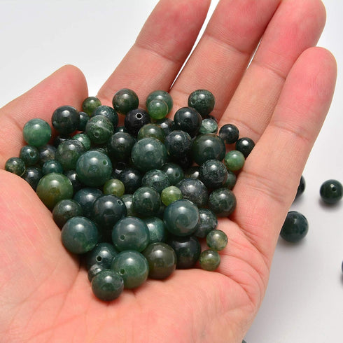 NCB 200PCS 8mm Natural Green Moss Agate Gemstone Round Spacer Loose Beads for Jewelry Making with Crystal Stretch Cord (Green Moss Agate, 8mm 200B...