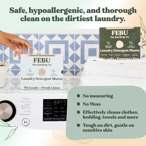 FEBU Eco Friendly Laundry Detergent Sheets | 96 Loads, Fresh Linen | 6x More Cleaning Power With Only 8 Plant-Based Ingredients | Hypoallergenic L...