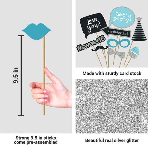 Fully Assembled Sweet 16 Birthday Photo Booth Props - Set of 30 - Teal Blue & Silver Selfie Signs - 16th Party Supplies & Decorations - 16th Bday ...
