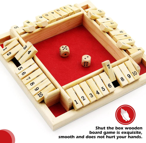 Dice Game Shut The Box Game Wooden Board Game with 10 Dices,a Classic 4 Sided Family Math Game for 2-4 Players Dice Board Game Shut-The-Box,Red(Ki...