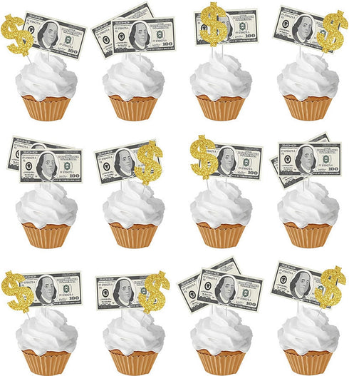 250gsm Cardstock 24pcs 100 Dollar Bill Cupcake Toppers Dollar Sign Cupcake Toppers Money Themed Decors for Birthday Anniversary Wedding Bridal Sho...