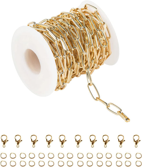 16.4 Feet Aluminum Oval Light Gold Chains for Jewelry Making Unwelded Textured Paperclip Link Cable Chain Roll Necklace Chains Bulk with Lobster C...