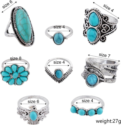 Turquoise Necklaces 12Pcs Turquoise Jewelry Set Include 4Pcs Turquoise Layered Necklaces 8Pcs Turquoise Stacking Knuckle Rings for Women (Silver)...