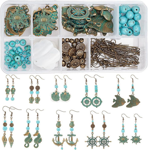 SUNNYCLUE 1 Box DIY 10 Pairs Bohemian Vintage Turquoise Dangle Earrings Set Retro Boho Ocean Theme Jewellery Making Kit Shell Seahorse Charms Holl...