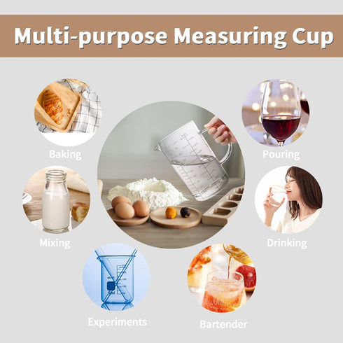 Newness Glass Measuring Cup with Handle, 500 ML (0.5 Liter, 2 Cup) Measuring Cup with Three Scales (OZ, Cup, ML/CC) and V-Shaped Spout, Measuring ...