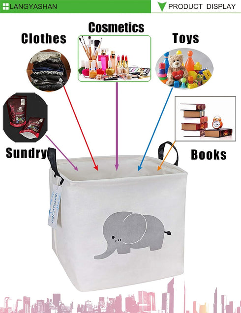 LANGYASHAN Square Storage Baskets Waterproof Canvas Children Laundry Nursery Hamper for Shelves Gift Baskets Toy Organizer Room Decor (Elephant)...