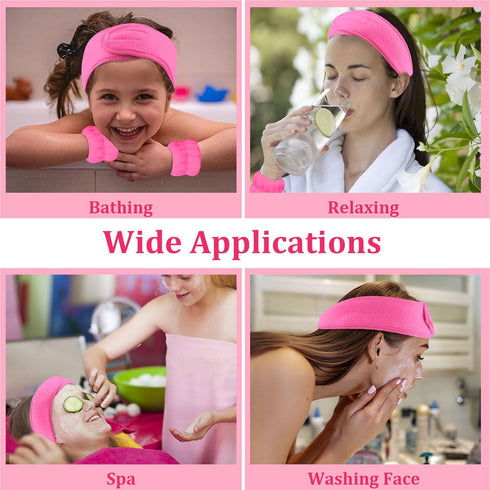 2Pcs Hot Pink Spa Headbands for Washing Face 4Pcs Wrist Washbands, Adjustable Skincare Headbands Make Up Headbands Face Wash Headbands...